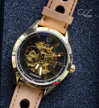 นาฬิกาข้อมือ Forsining สายหนังน้ำตาล เรือนทอง หน้าปัดดำ รุ่น FNL103
