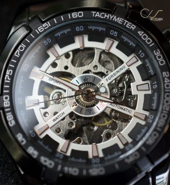 นาฬิกาข้อมือ Forsining สายสแตนเลสดำ หน้าปัดขาว รุ่น GMT101