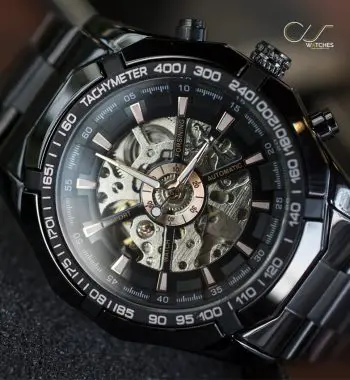 นาฬิกาข้อมือ Forsining สายสแตนเลสดำ หน้าปัดดำ รุ่น GMT101
