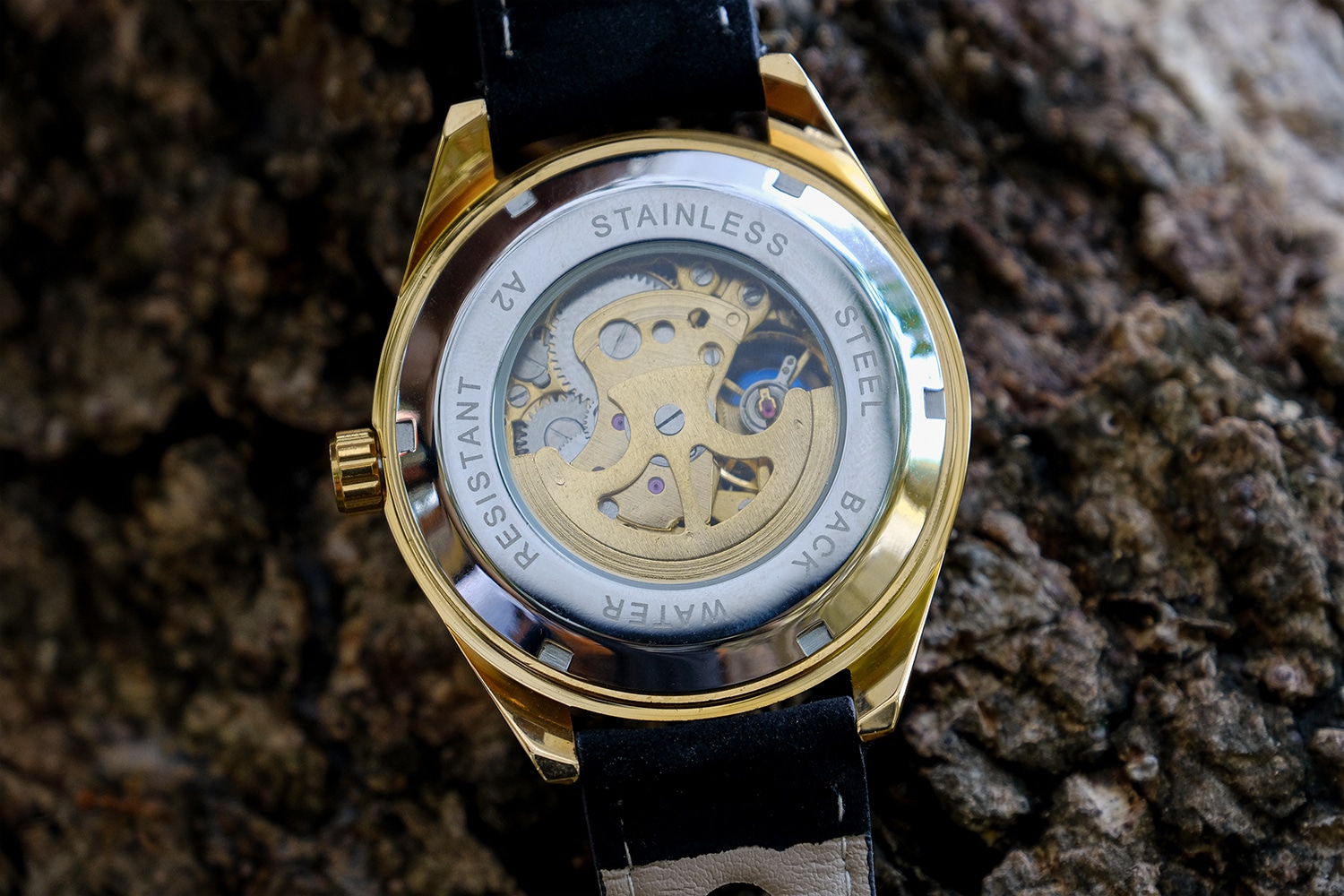 นาฬิกาข้อมือ Forsining สายหนังดำ เรือนทอง หน้าดำ รุ่น FNL103