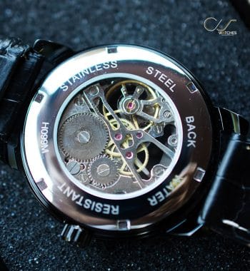 นาฬิกาข้อมือ Forsining สายหนังดำ เรือนดำ รุ่น GMT838