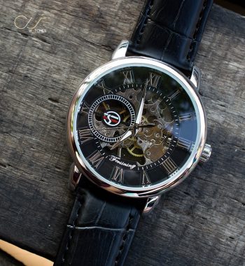 นาฬิกาข้อมือ Forsining สายหนังดำ เรือนเงิน รุ่น GMT838