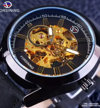 นาฬิกาข้อมือ Forsining สายหนังดำ เรือนดำ หน้าปัดดำ รุ่น FNL103