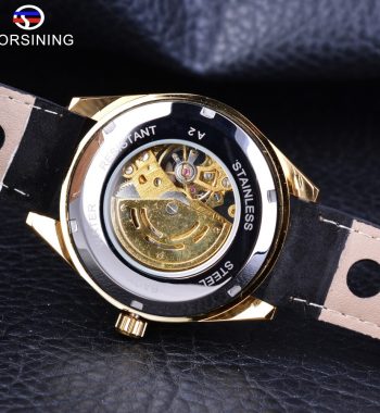 นาฬิกาข้อมือ Forsining สายหนังดำ เรือนทอง หน้าดำ รุ่น FNL103