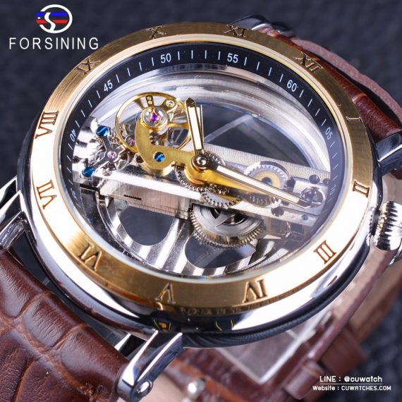 นาฬิกาข้อมือ Forsining สายหนัง ขอบทอง รุ่น S1003