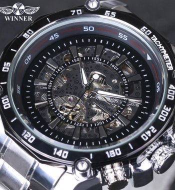 นาฬิกาข้อมือ Winner สายสแตนเลส หน้าปัดดำ รุ่น D161