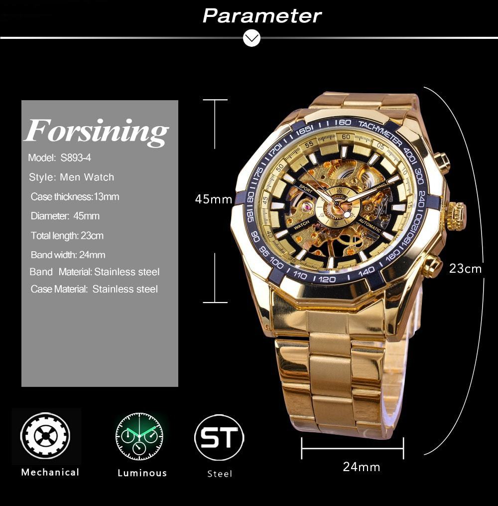 นาฬิกาข้อมือ Forsining สายสแตนเลสทอง รุ่น GMT101