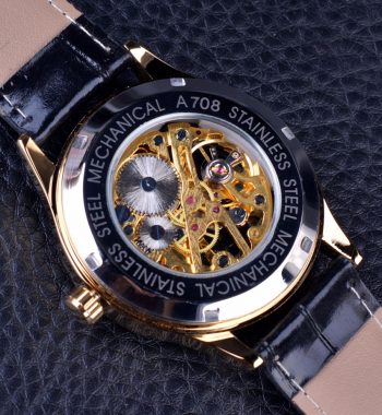 นาฬิกาข้อมือ Winner สายหนังดำ เรือนทอง รุ่น GMT945
