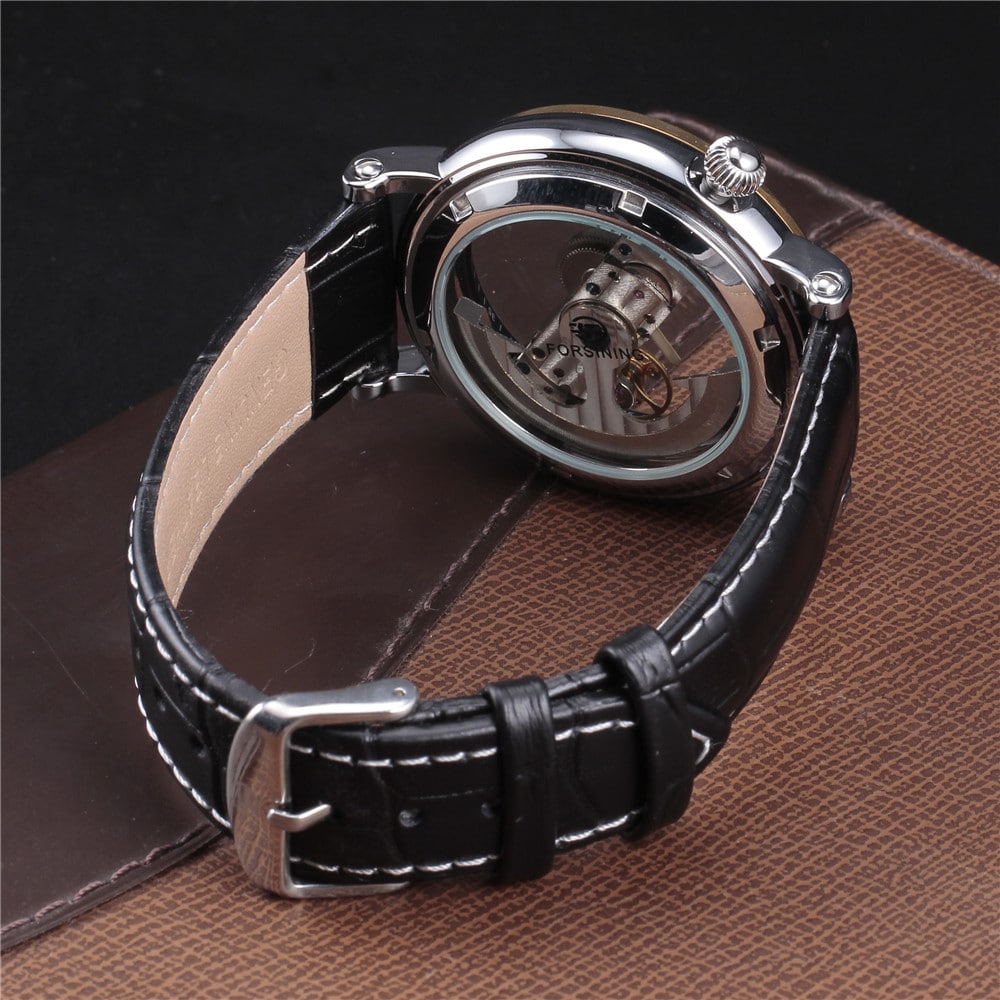 นาฬิกาข้อมือ Forsining สายหนังดำ ขอบทอง รุ่น S1001
