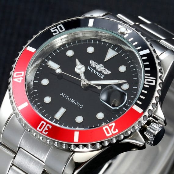 นาฬิกาข้อมือ Winner สายสแตนเลสเงิน ดำแดง รุ่น WRG806