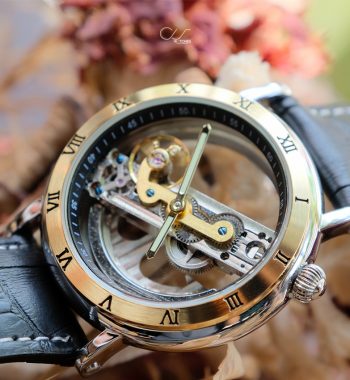 นาฬิกาข้อมือ Forsining สายหนังดำ ขอบทอง รุ่น S1003