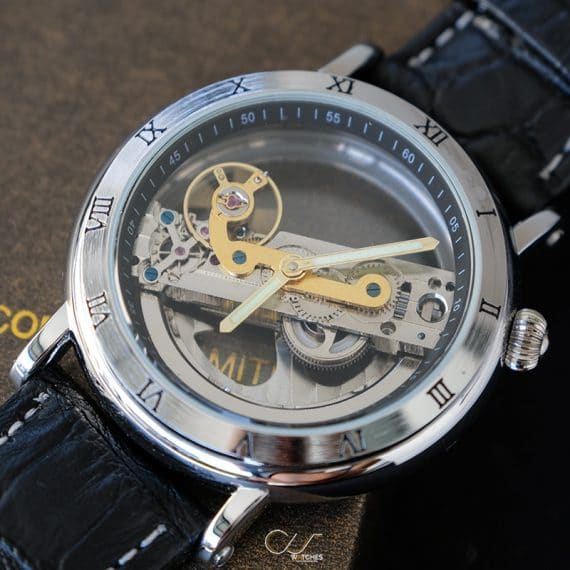 นาฬิกาข้อมือ Forsining สายหนังดำ ขอบทอง รุ่น S1002