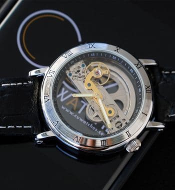 นาฬิกาข้อมือ Forsining สายหนังดำ ขอบทอง รุ่น S1002