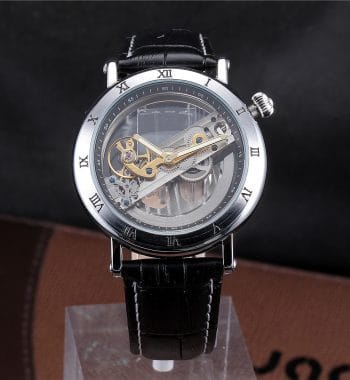 นาฬิกาข้อมือ Forsining สายหนังดำ ขอบเงิน รุ่น S1003