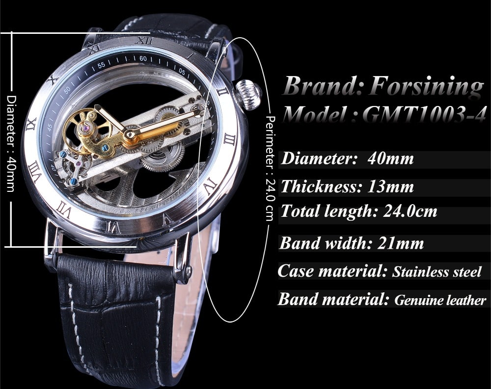 นาฬิกาข้อมือ Forsining สายหนังดำ ขอบเงิน รุ่น S1001