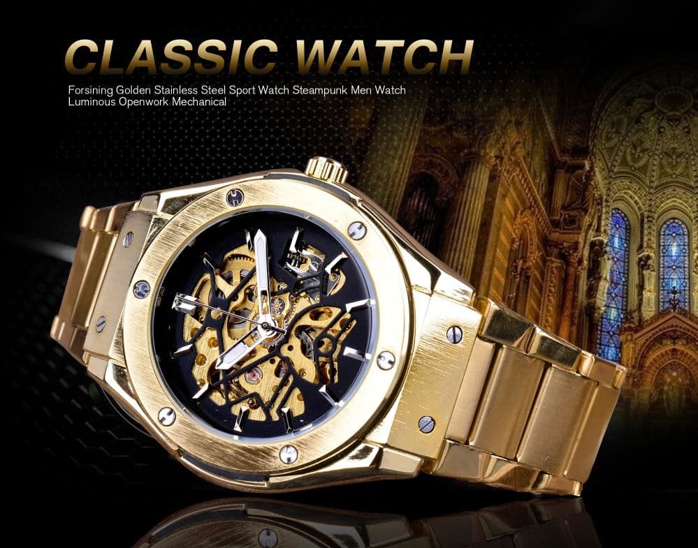 นาฬิกาข้อมือ Forsining สายสแตนเลสทอง รุ่น GMT1065