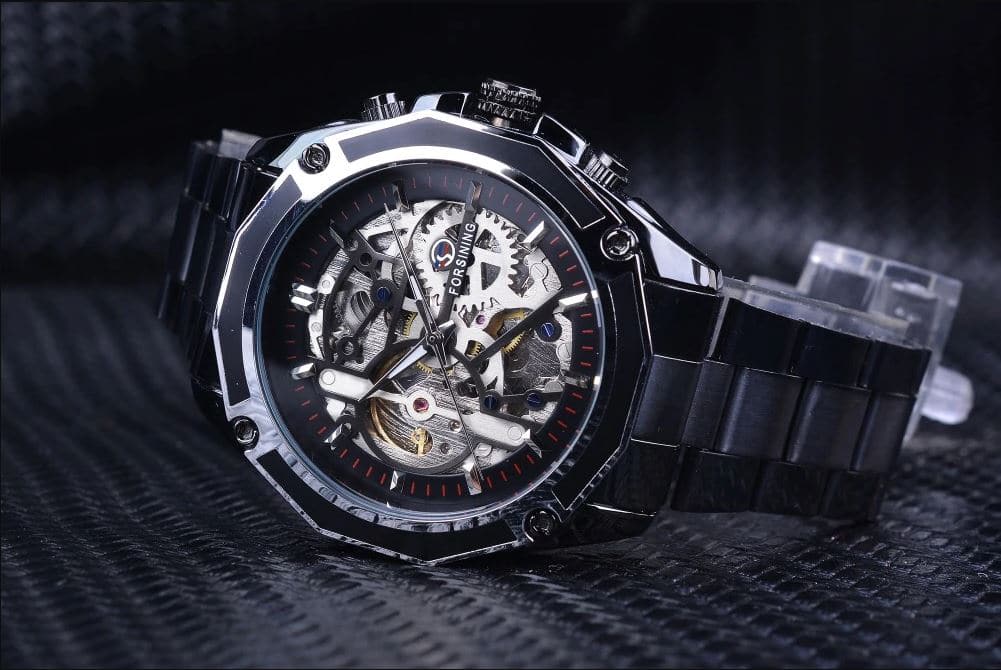 นาฬิกาข้อมือ Forsining สายสแตนเลสดำ รุ่น GMT982 หน้าปัดเงิน