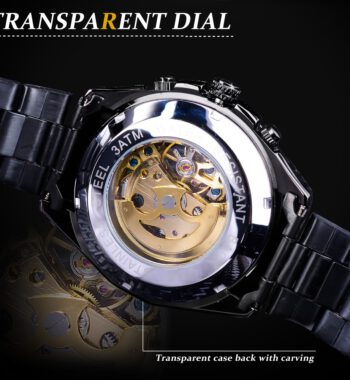 นาฬิกาข้อมือ Forsining สายสแตนเลสดำ รุ่น GMT982 หน้าปัดทอง