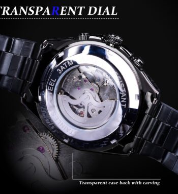 นาฬิกาข้อมือ Forsining สายสแตนเลสดำ รุ่น GMT982 หน้าปัดเงิน