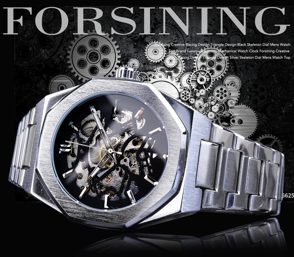นาฬิกาข้อมือ Forsining สายสแตนเลสเงิน รุ่น GMT1174