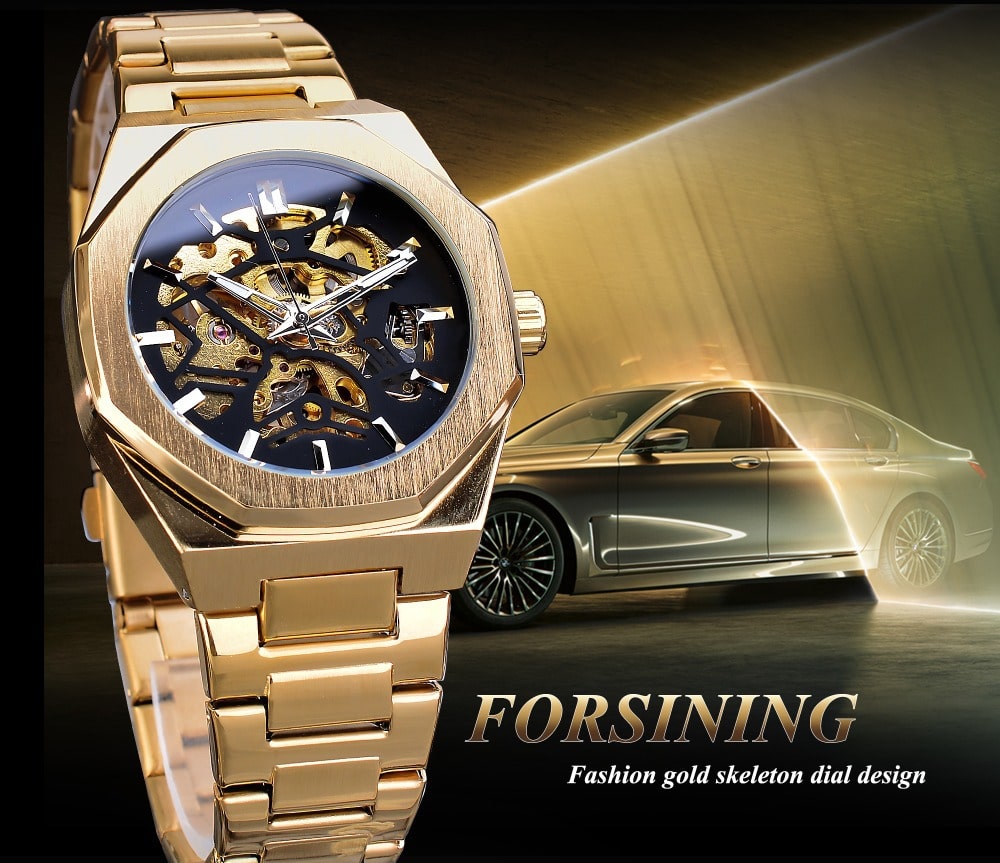 นาฬิกาข้อมือ Forsining สายสแตนเลสทอง รุ่น GMT1174