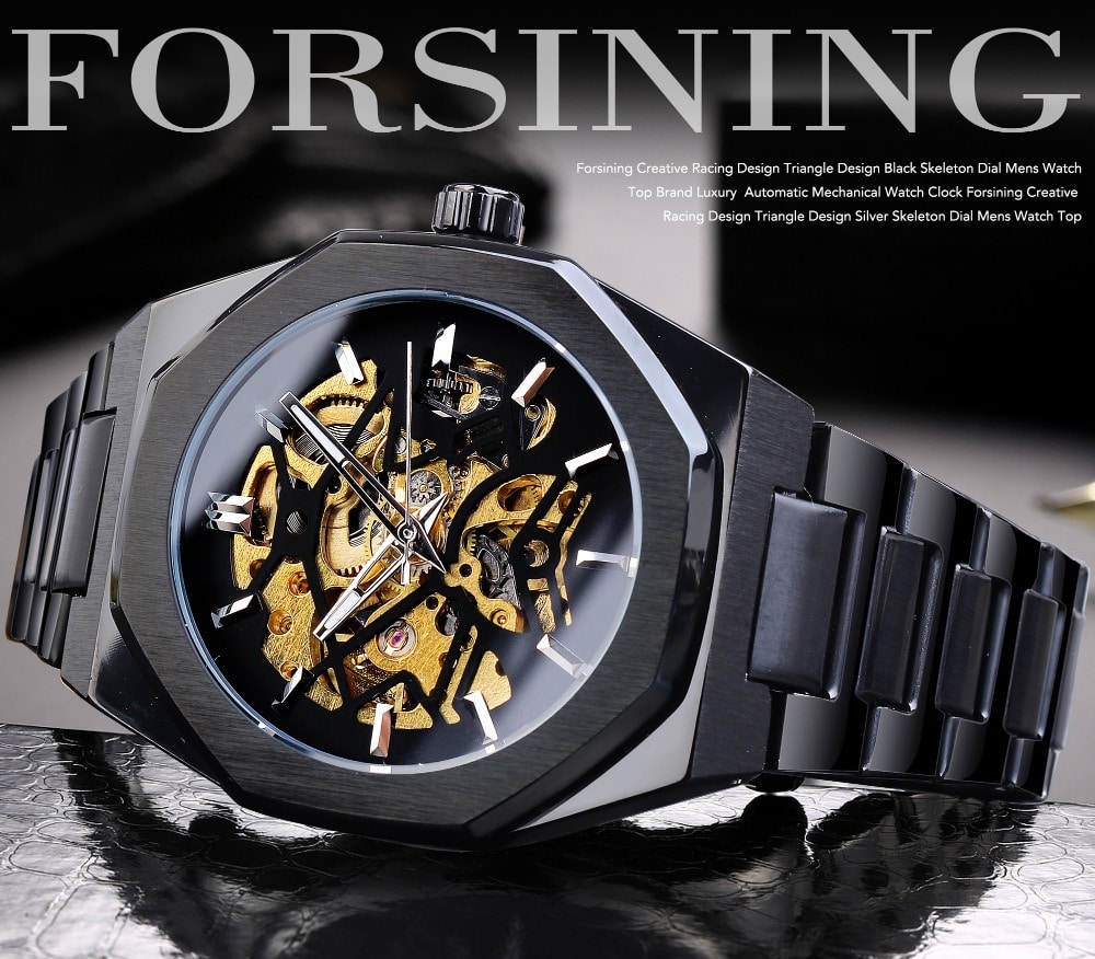 นาฬิกาข้อมือ Forsining สายสแตนเลสดำ รุ่น GMT1174